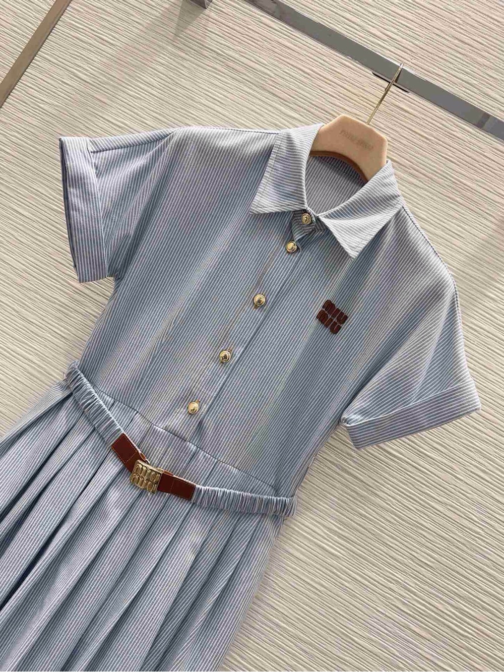 Miu Miu Light Blue Pleated Shirt Dress with Slim Belt - Picture 3 of 8